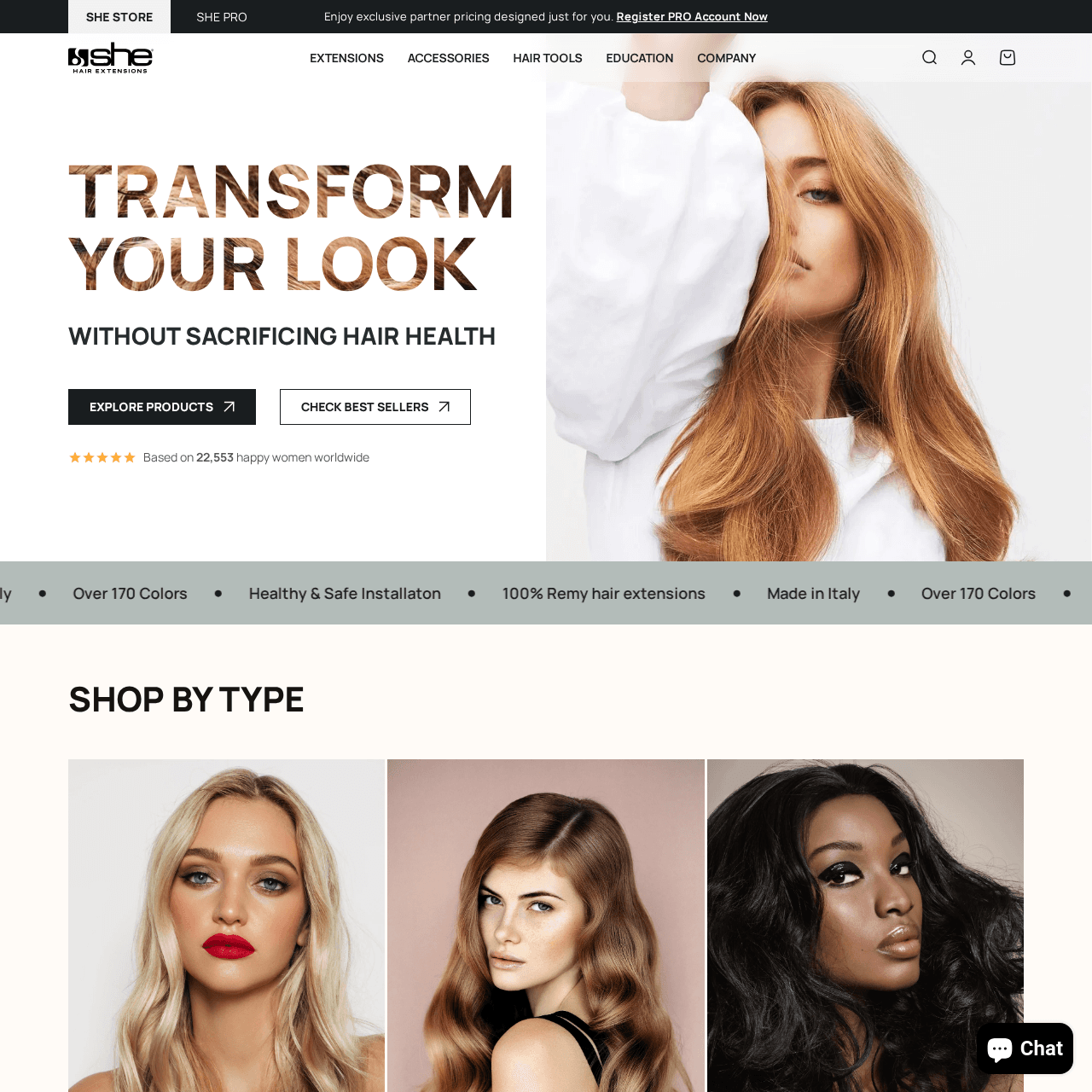 SHE Hair Extensions website in shopify